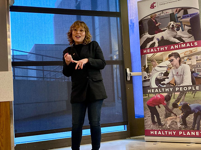 Close up of Kimberly McBride presenting during Family Weekend 2025.