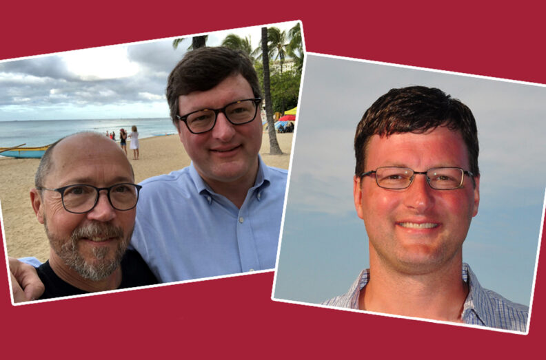 A recent photo of Steve Hines and Tim Smith together on the left, and a photo of Tim as a student, on the right.