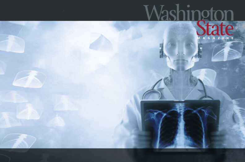 Illustration of robot with headphones and holding a device that is displaying xrays of a human's lungs.