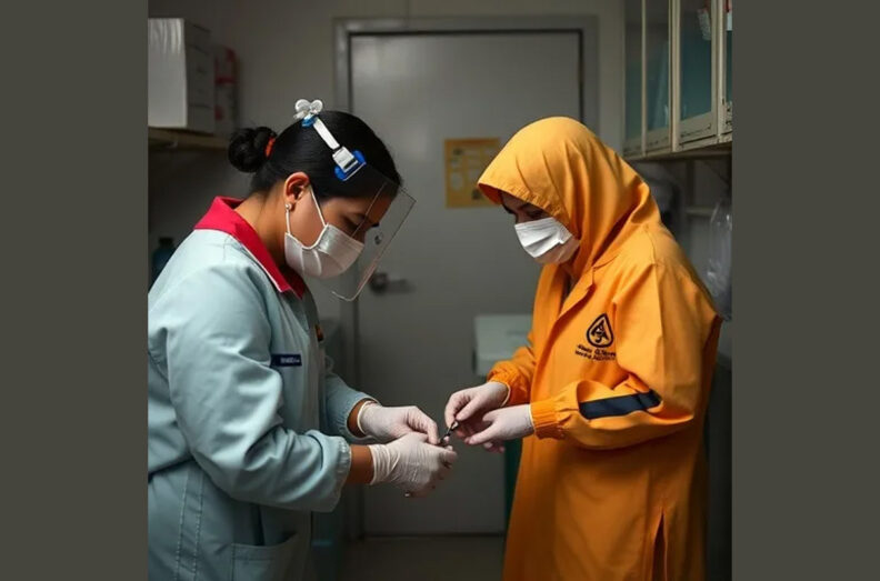Two scientists wearing PPE in a lab.
