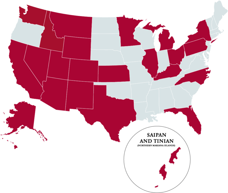 Map of states DVM class represents. States are Alaska, Washington, Oregon, California, Nevada, Arizona, New Mexico, Colorado, Utah, Montana, Wyoming, Texas, Minnesota, Wisconsin, Illinois, Indiana, Ohio, Kentucky, Tennessee, Massachusetts, New York, New Jersey, Pennsylvania, Maryland, Virginia, North Carolina, South Carolina, and Florida. Additionally, the U.S. territory of the Northern Mariana Islands—specifically Saipan and Tinian—is also represented.   