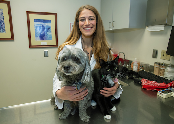 L-R in exam room, pet owner, pet, veterinarian, and scribe.