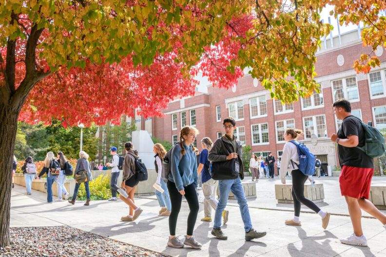 Students walking on the mall in autumn. The tree's leaves are bright red.