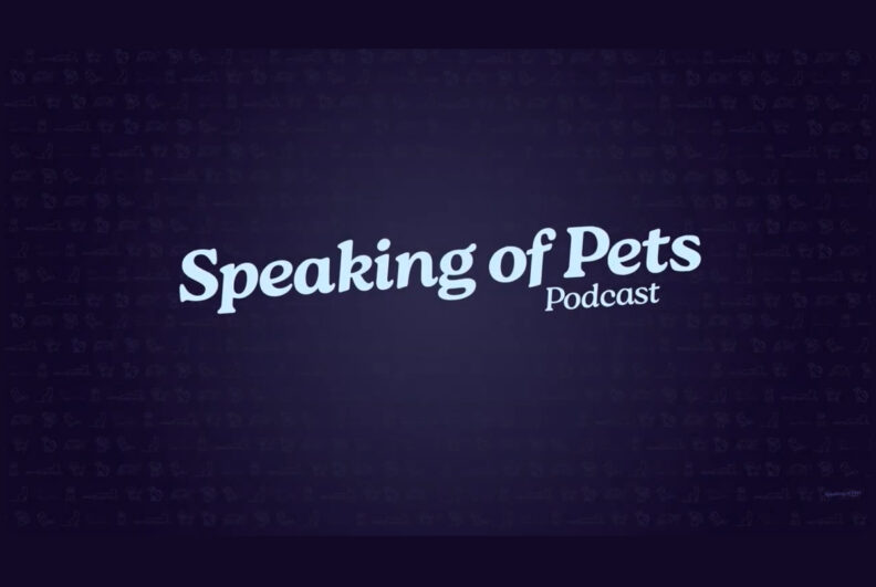 Dark blue, purple background with the title of the podcast, "Speaking of Pets" in light blue at a very slight angle.