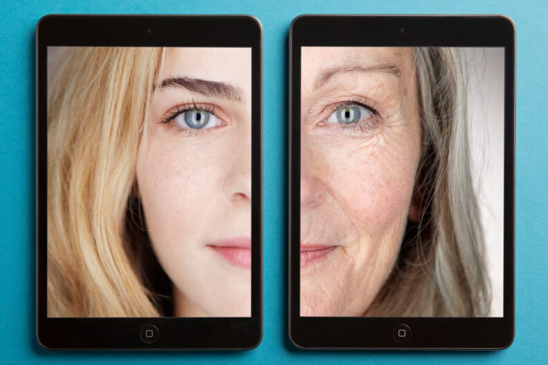 Side-by-side images of a woman when she is young, then on the righ, after she has aged.