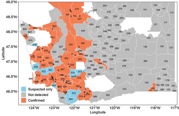 Map of Washington State  indicating number of suspected, not detected, and confirmed cases by latitude and longitude.