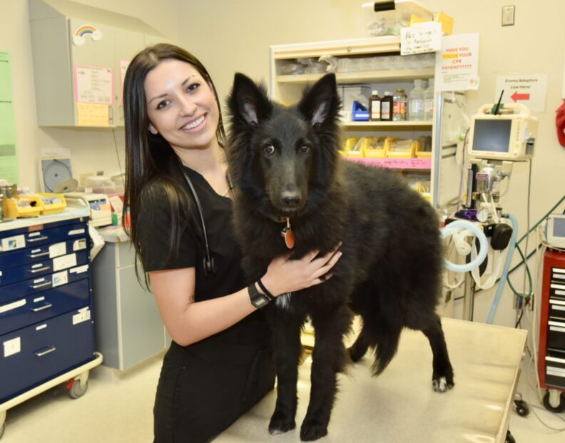 Bek Morgan poses with a black dog.
