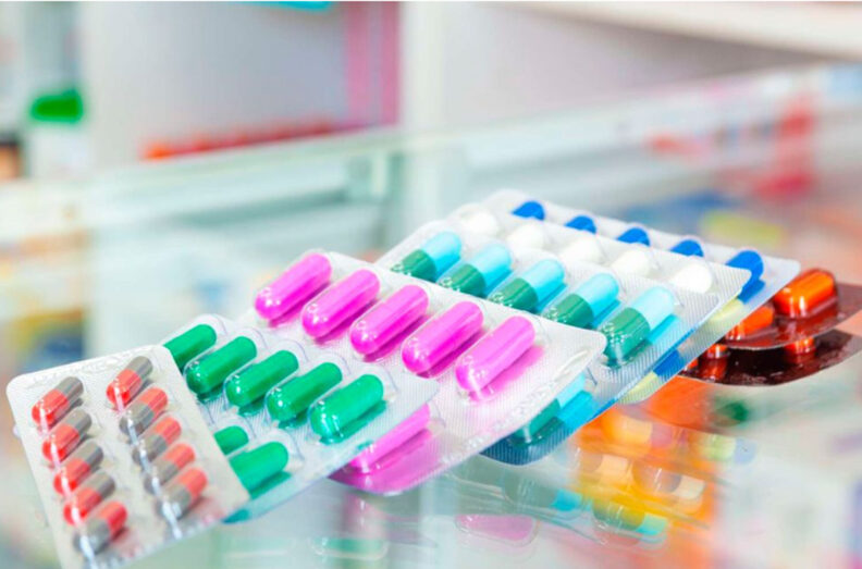 Pill packs. Variety of colorful pills.