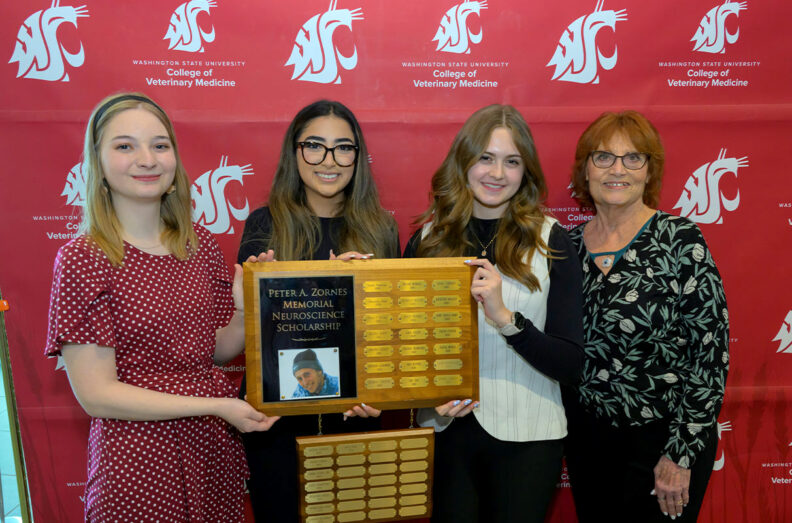 WSU neuroscience students Valentina Iturbe Fuentes, Karenna Meyermann and Maya Nash pose with Peter Zornes' mother Kathy Zornes (far right).