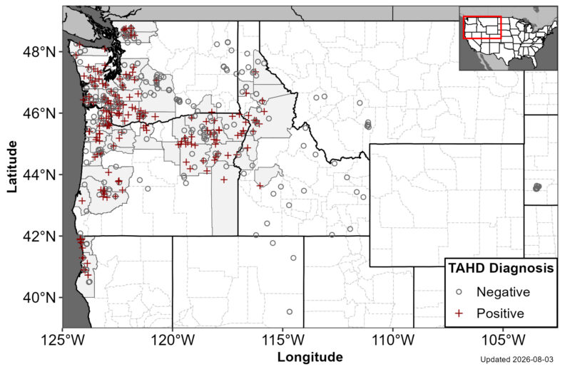 Map of the Pacific Northwest that indicates positive and negative TAHD Diagnosis.