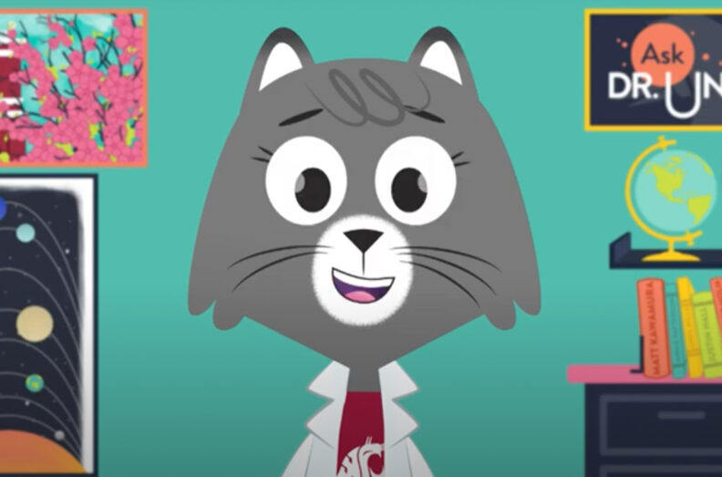Dr. Universe's charicature wearing a white lab coat.