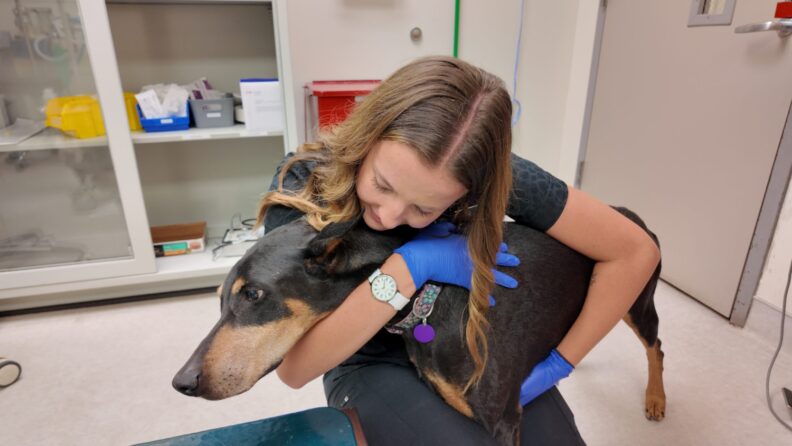 Joni Dalley hugs a dog.