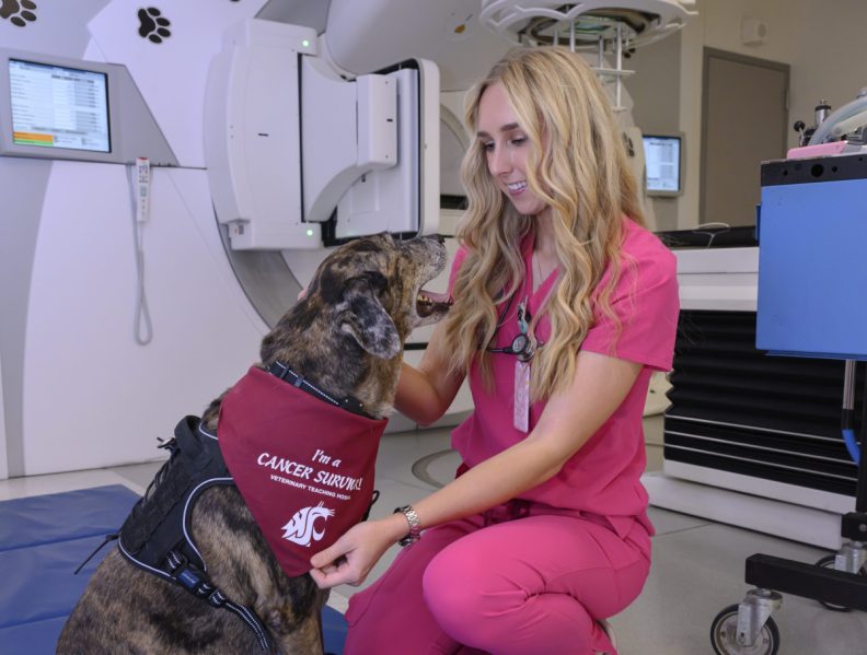 Hailey Pelton poses with a dog that is wearing a cancer survivor bandana.
