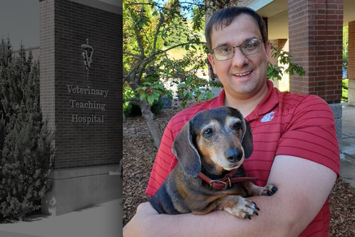 Travis Burke holding a senior Dachshund.