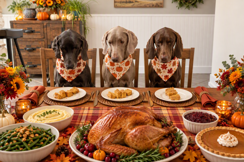 Three dogs sit at table full of food.