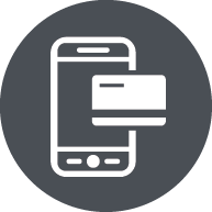 Line drawing of cell phone and credit card inside a dark gray circle.