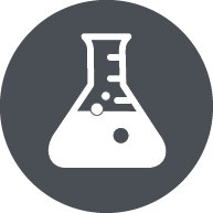 Line drawing/icon of a beaker inside a dark grey circle.