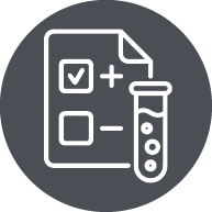 Line drawing of a checklist and a beaker inside a dark gray circle.