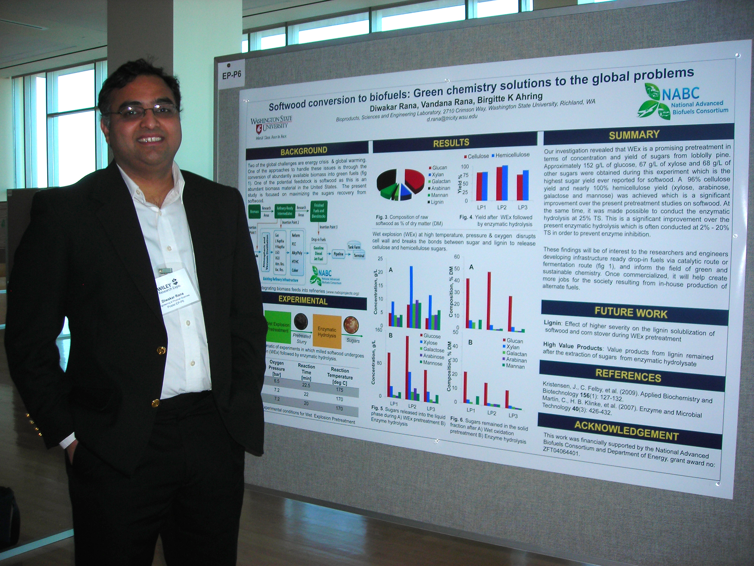 Dowager Rana stands next to a research poster titled Softwood conversion to biofuels: Green chemistry solutions to the global problems.