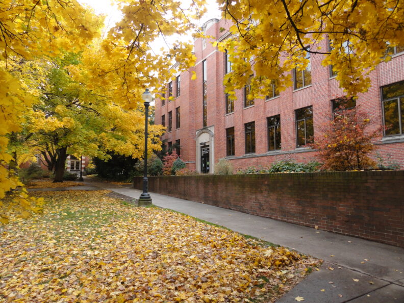 Exterior of brick building with fall foliage in front.