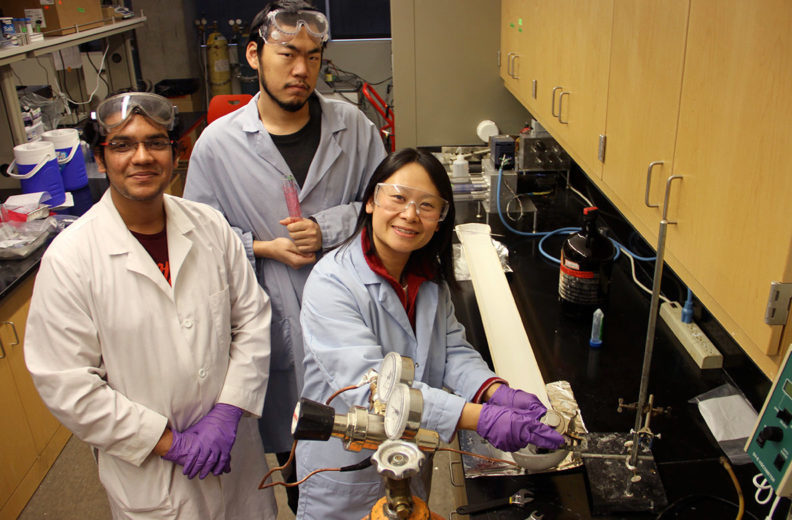 Hang Liu and lab members show their research