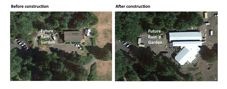 Aerial views of a building and parking before (L) and same photo with expanded building (R)