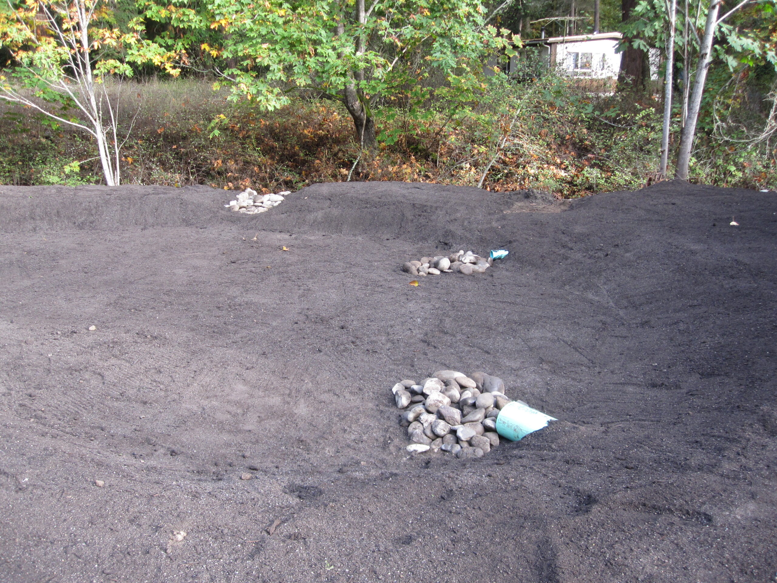 Rain garden with 2 rocked inflows and a rocked overflow. No plants