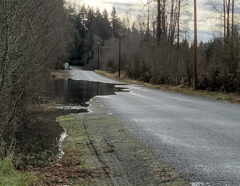 ponded water partially covering a rural road