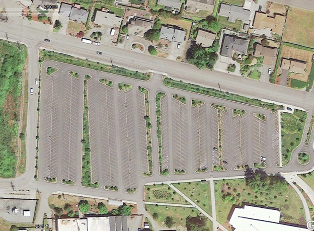 ariel photograph of parking lot after bioinfiltration swales were constructed