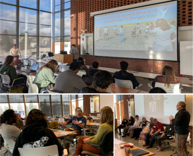 A series of pictures showing people attending a presentation, having a small group conversation, and sitting on a discussion panel.