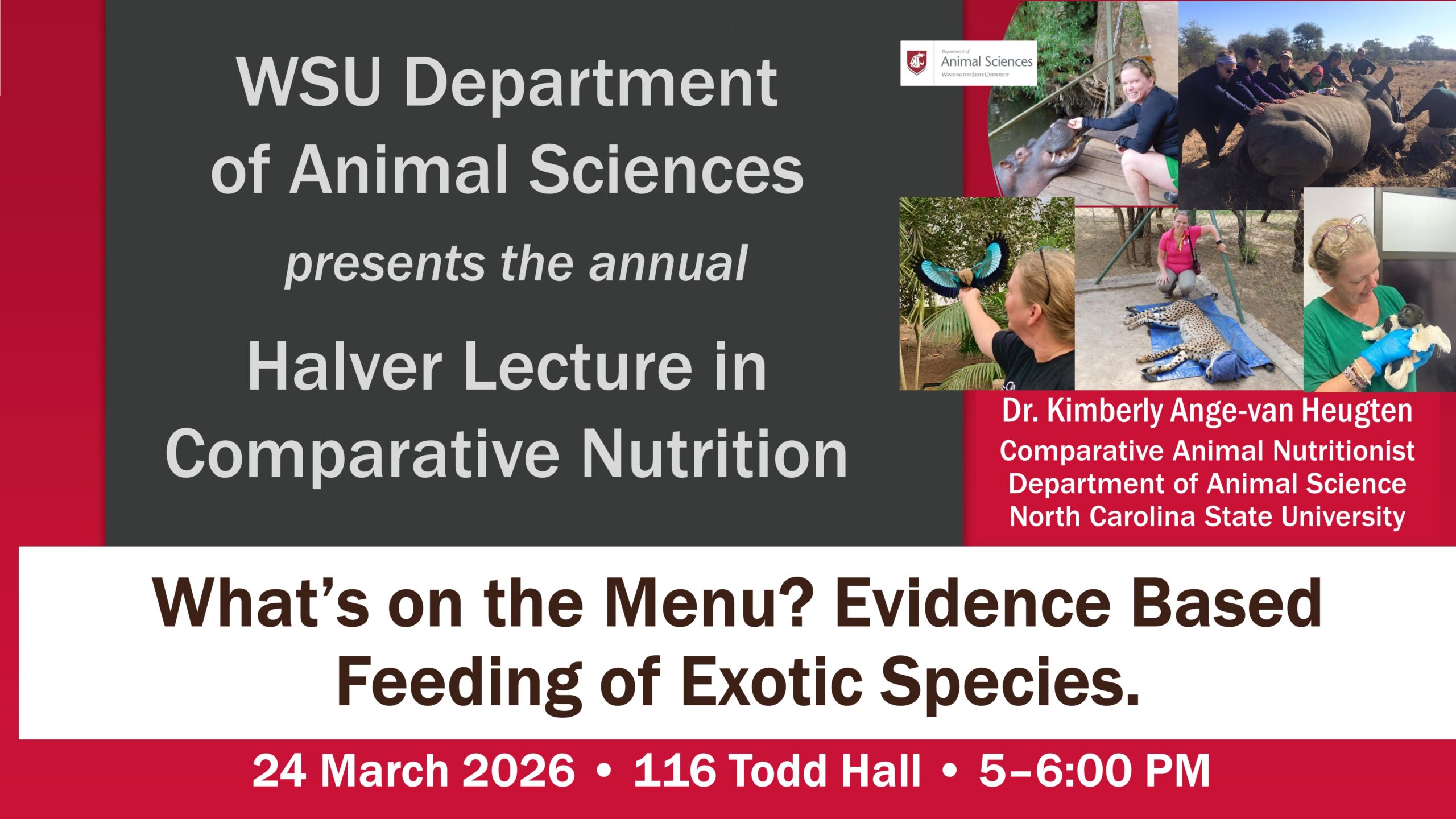 What’s on the Menu? Evidence‑Based Feeding of Exotic Species.’ Includes event details and a photo of exotic animals.