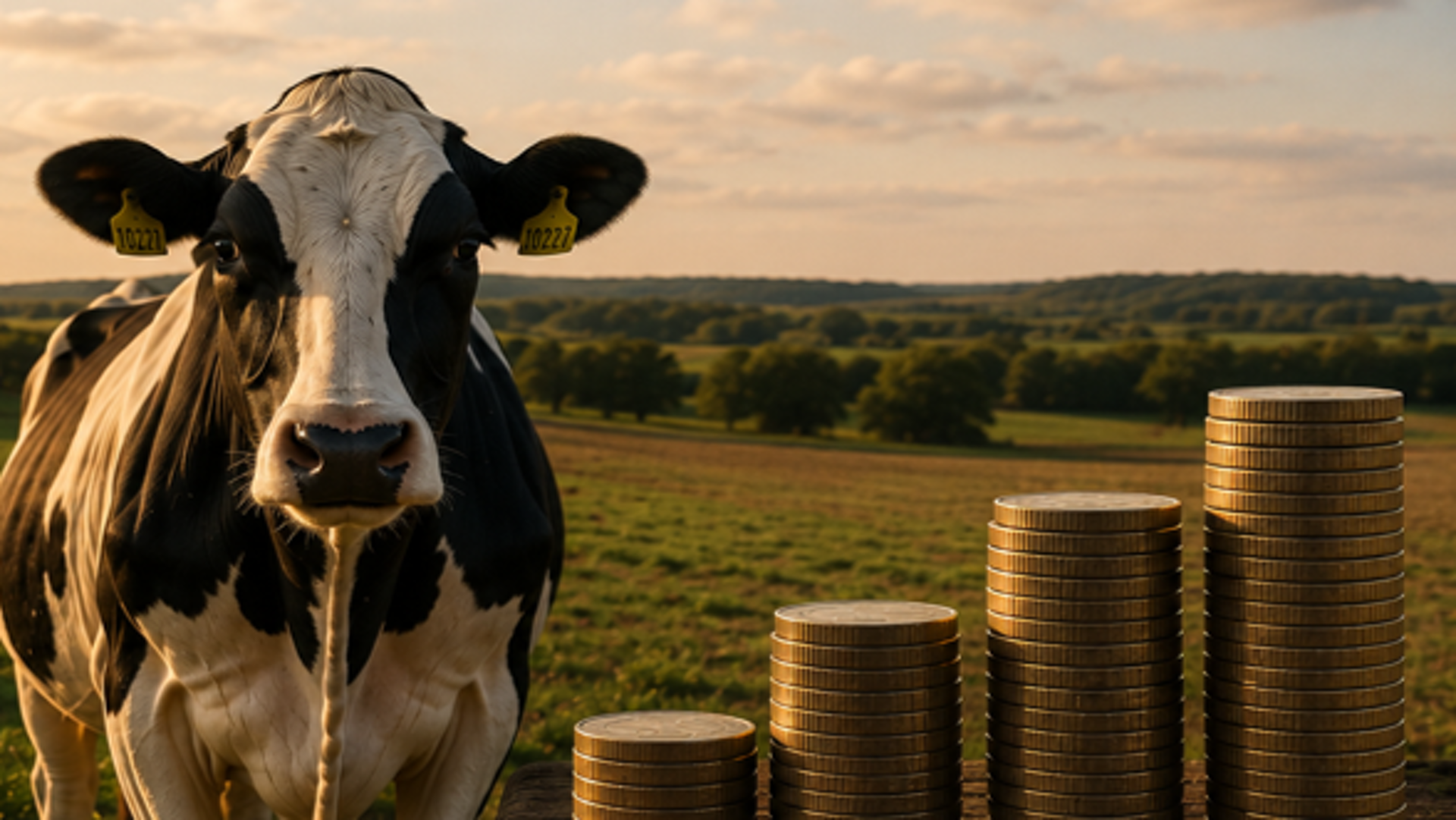 AI Image of cow standing next to stacked coins