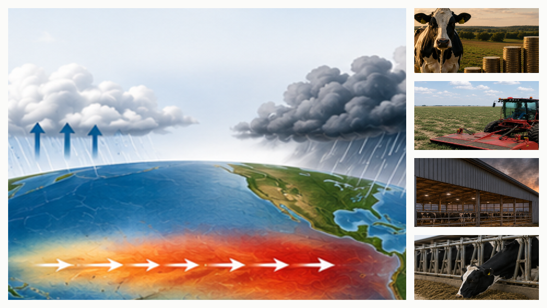 El Nino, cow, and agriculture collage