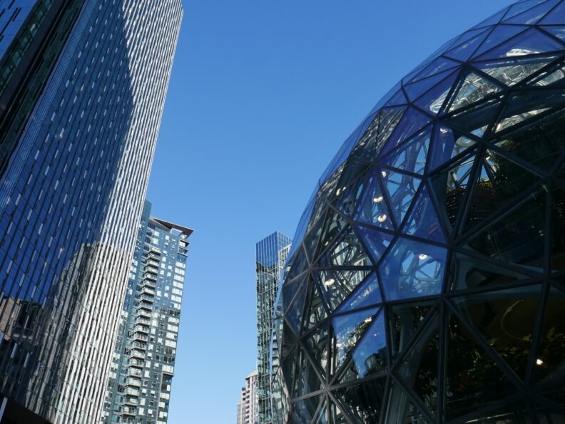 An image of the outside of the Amazon Spheres.