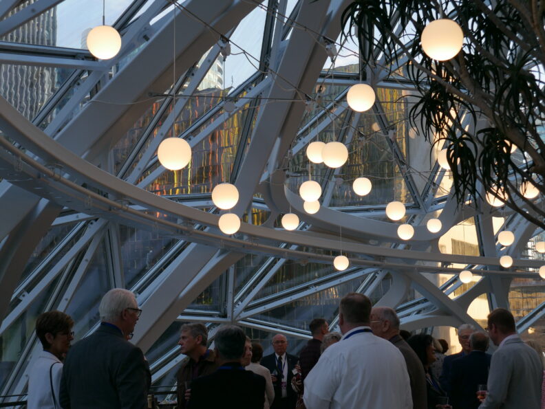 An image of a group of people inside the Amazon Spheres.