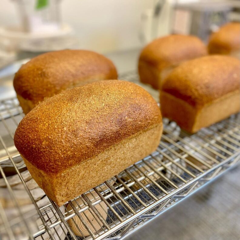 loaves of bread on a rack