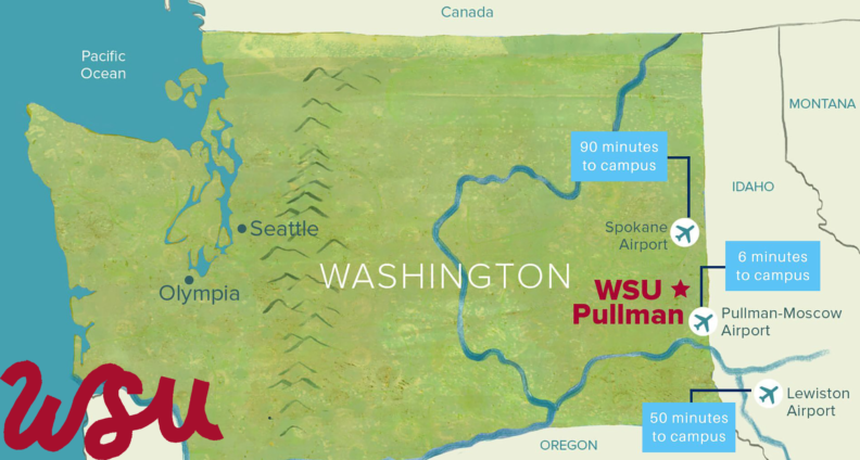 Map of Washington with a marker for WSU Pullman as well as the amount of time it takes to get from each airport to campus -- Spokane Airport (90 minutes), Lewiston Airport (50 minutes), and Pullman Airport (5 minutes).