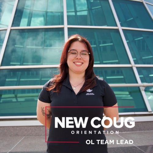OL Team Lead Isabella standing in front of the Terrell Library Atrium Dome with the New Coug Orientation logo and OL Team Lead in white in the bottom right corner.