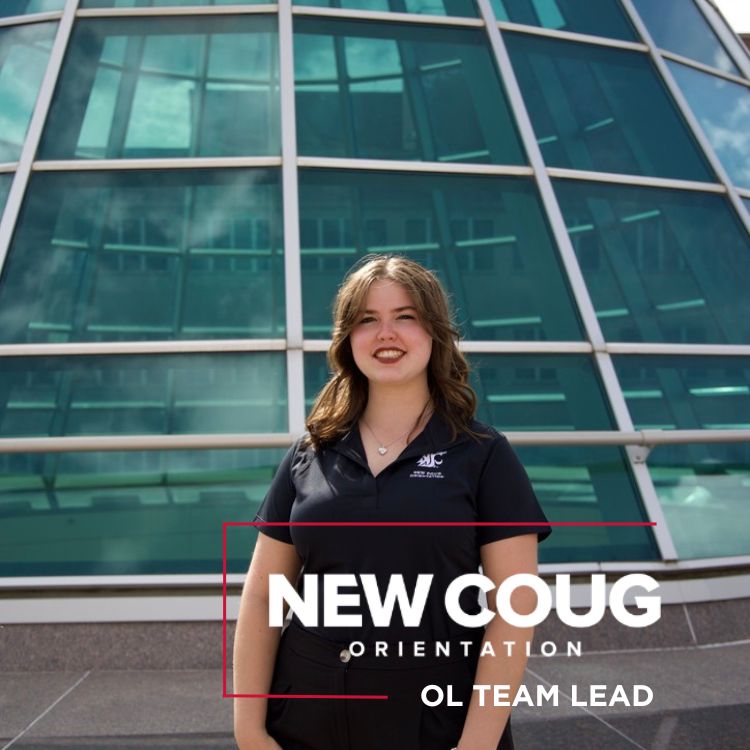 OL Team Lead Payton standing in front of the Terrell Library Atrium Dome with the New Coug Orientation logo and OL Team Lead in white in the bottom right corner.