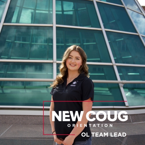 OL Team Lead Sydney standing in front of the Terrell Library Atrium Dome with the New Coug Orientation logo and OL Team Lead in white in the bottom right corner.