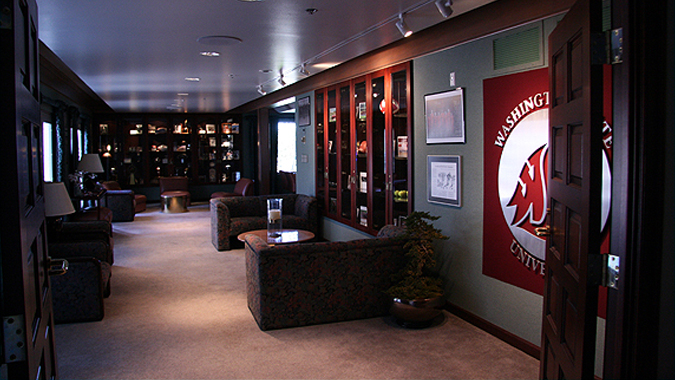 The Athletics room features a unique collection of items honoring WSU’s Pac-10 athletic achievements. The boardroom table seats 12, and the room has its own food service area.