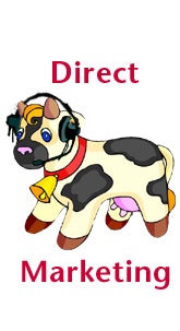 Cow with a phone headset on with the caption Direct Marketing