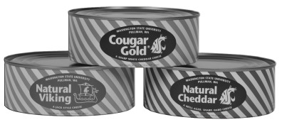 Photos of the iconic cougar gold cans in a pyramid.