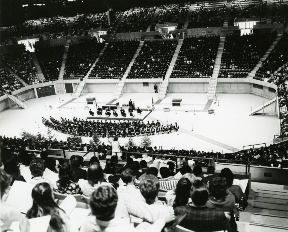 Black & white image of an aerial view of graduation at Beasley Auditorium.