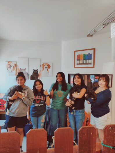 Picture of students holding cats and posing at the Grant County Animal Shelter during 2022 summer volunteering