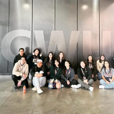 Group picture in front of Central Washington University logo on the 2023 CWU campus trip