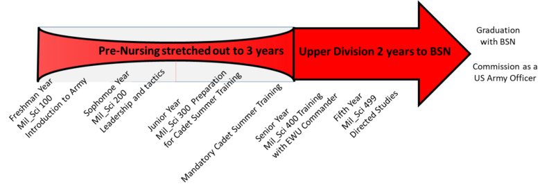 A flow chart showing Pre-Nursing stretched out to 3 years with upper division 2 years to BSN, as explained in the prior text. 