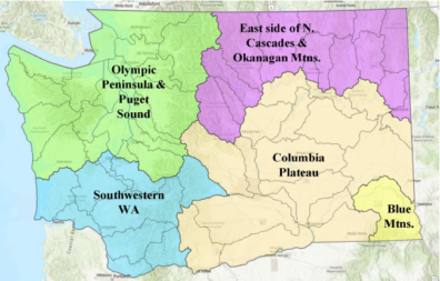 Map of Regions in Washington State defined by climate driven changes to stream flow and temperature, and salmon population characteristics (migration distance and status) (Yoder et al. 2022).