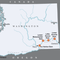 Map of the four dams that are part of the Lower Snake River Dams Transportation Study located in south eastern part of the state. Image Source: WSDOT