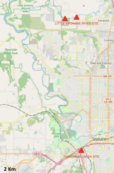 Map showing Sampling sites on the two majortributaries of the Spokane River
